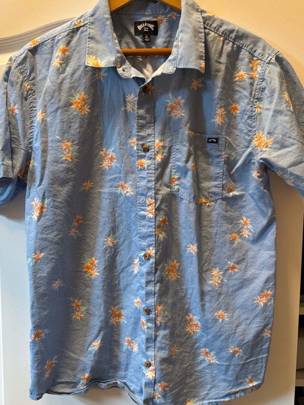 Billabong Light Blue Short Sleeve Button-Up with Orange & White Floral Print